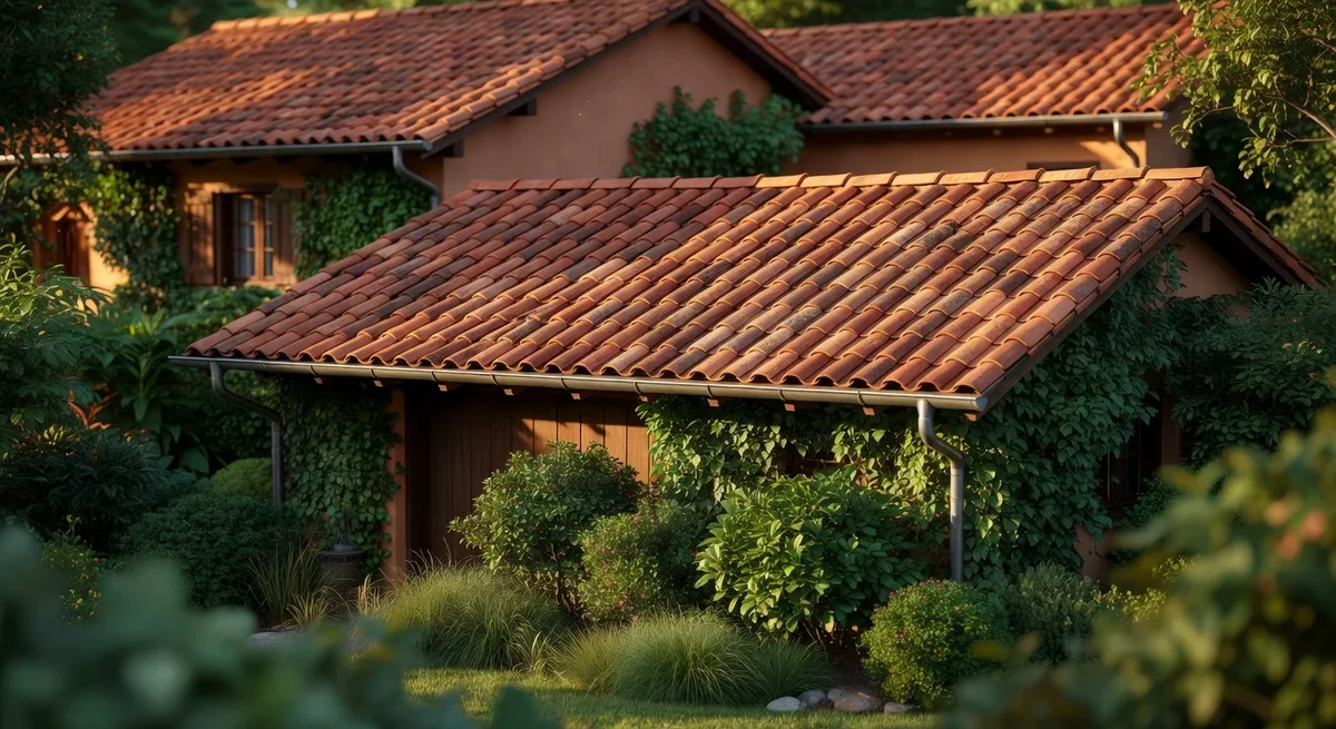 Garage en tuiles de terre cuite, harmonieux avec la maison et entouré de verdure luxuriante