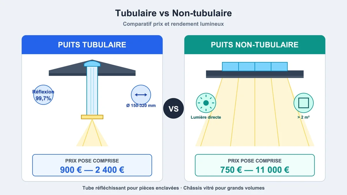 Diagramme comparatif des coûts et rendements des puits de lumière tubulaire et non-tubulaire