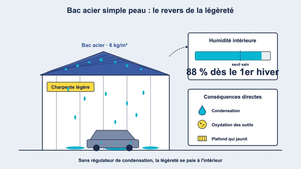 Schéma montrant une charpente légère, bac acier et problèmes d'humidité dans un garage