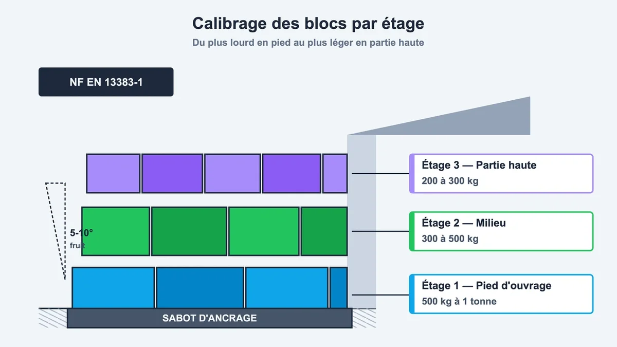 Schéma illustrant le placement des blocs d'enrochement selon poids et types de pierre