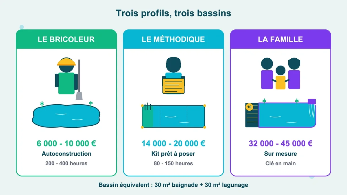Silhouettes représentant un bricoleur, un particulier et une famille avec des éléments de piscine naturelle