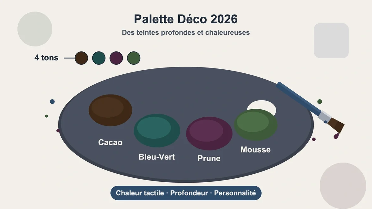 Palette de couleurs terreuses pour la décoration intérieure 2026 avec bruns, terracottas, prune et verts