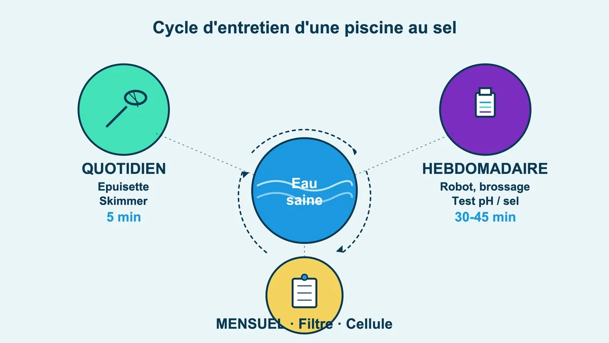 Cycle d'entretien d'une piscine au sel avec gestes quotidiens, hebdomadaires et mensuels
