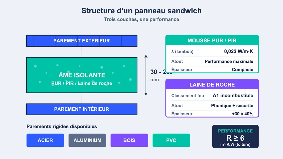 Schéma détaillé de la structure d'un panneau sandwich avec ses couches et matériaux isolants