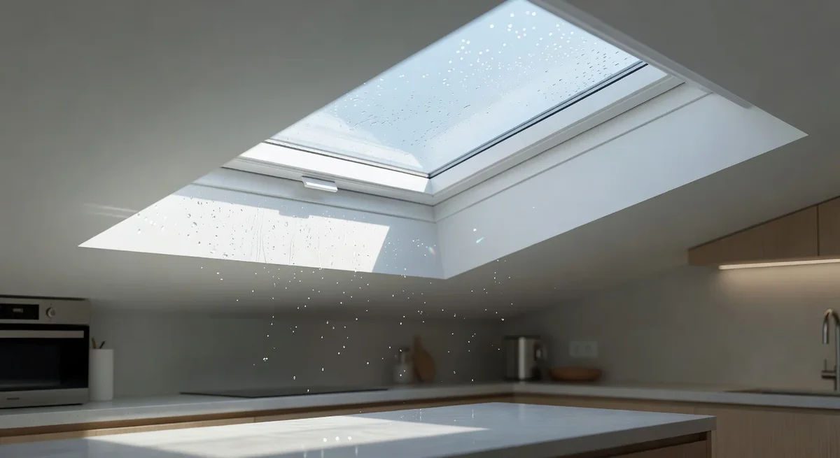 Velux GGU en polyuréthane blanc installé dans une cuisine moderne avec lumière naturelle et éclaboussures d'eau