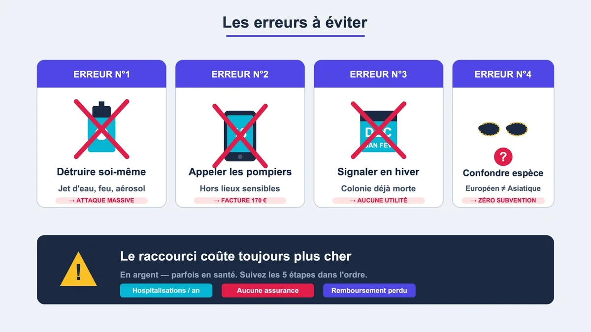 Schéma des conséquences des erreurs fréquentes dans la gestion des nids de frelons