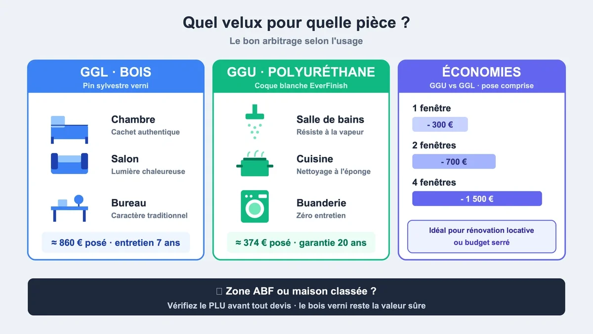 Schéma des types de velux recommandés par pièce avec icônes stylisées et tableau récapitulatif des économies