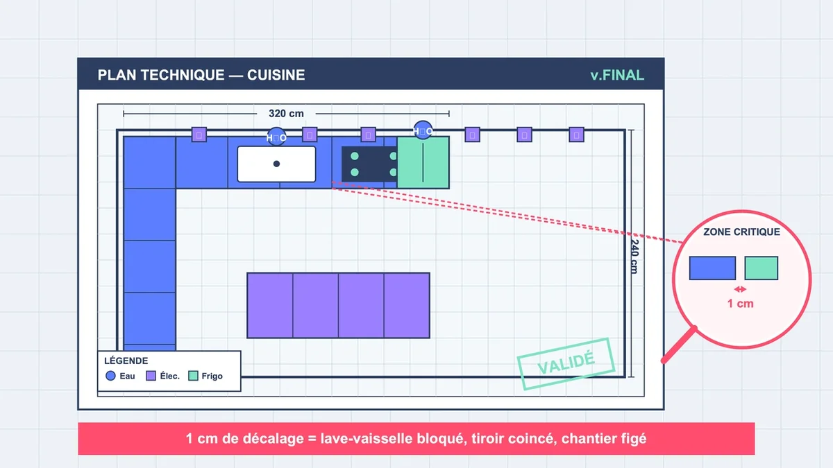 Plan technique de rénovation de cuisine avec agencement des meubles et schéma des arrivées d'eau et électriques