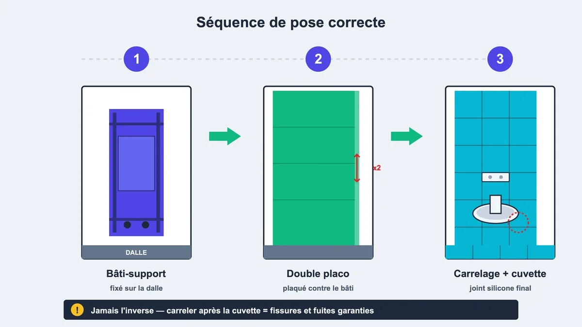 Schéma illustrant les étapes de pose du carrelage dans des toilettes avec bâti-support et placo