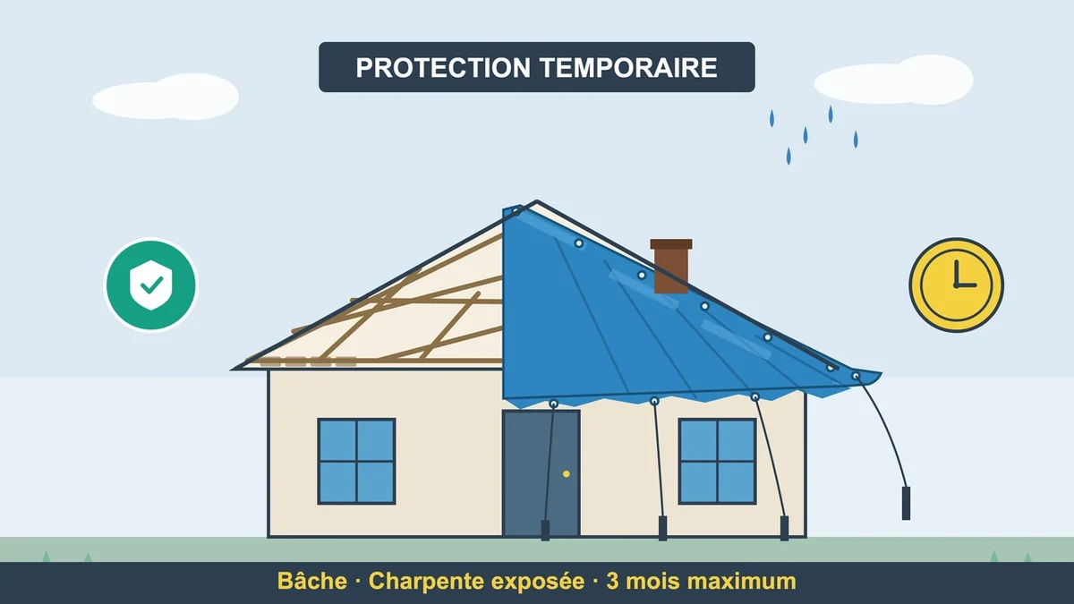 Bâche de couverture toiture posée sur une charpente exposée lors d'un chantier de rénovation