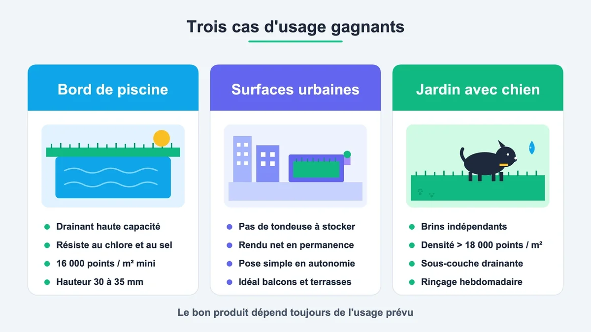 Pictogrammes illustrant les usages du gazon synthétique pour piscines, petites surfaces et jardins avec chiens