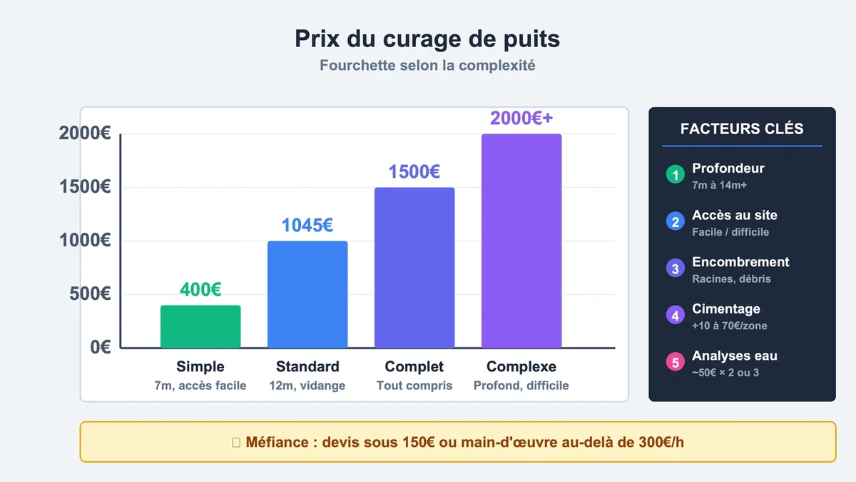 Graphique des prix du curage de puits avec barres et étiquettes informatives sur les coûts et facteurs influents