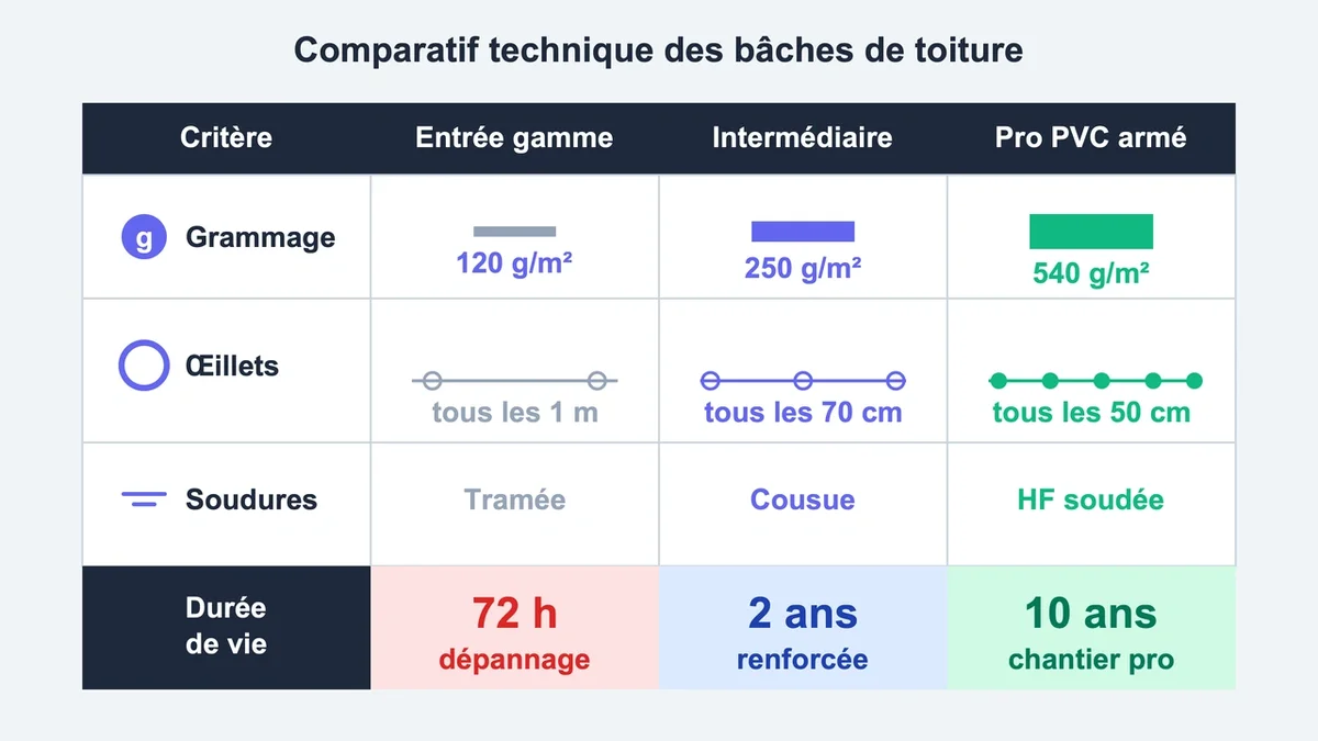 Tableau comparatif des caractéristiques techniques des bâches de toiture avec grammage et œillets métalliques