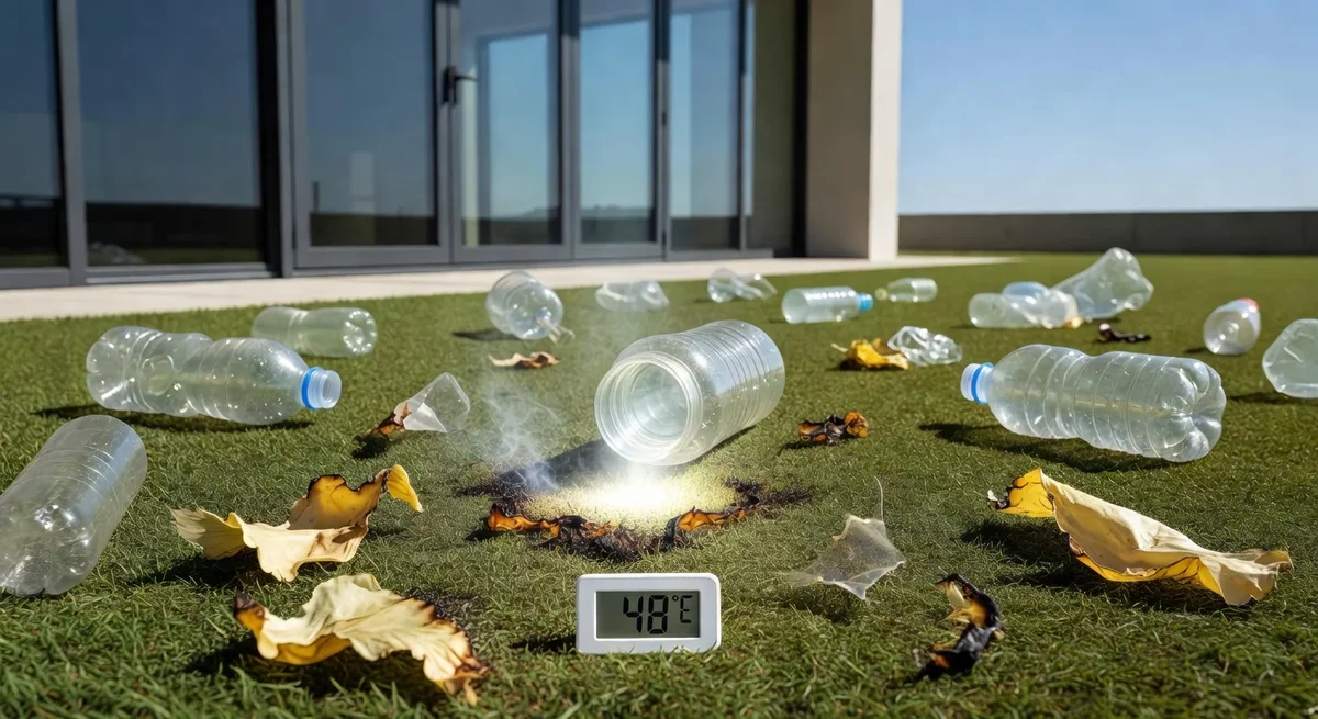 Pelouse synthétique décolorée sous le soleil avec objets en plastique et température affichée en arrière-plan