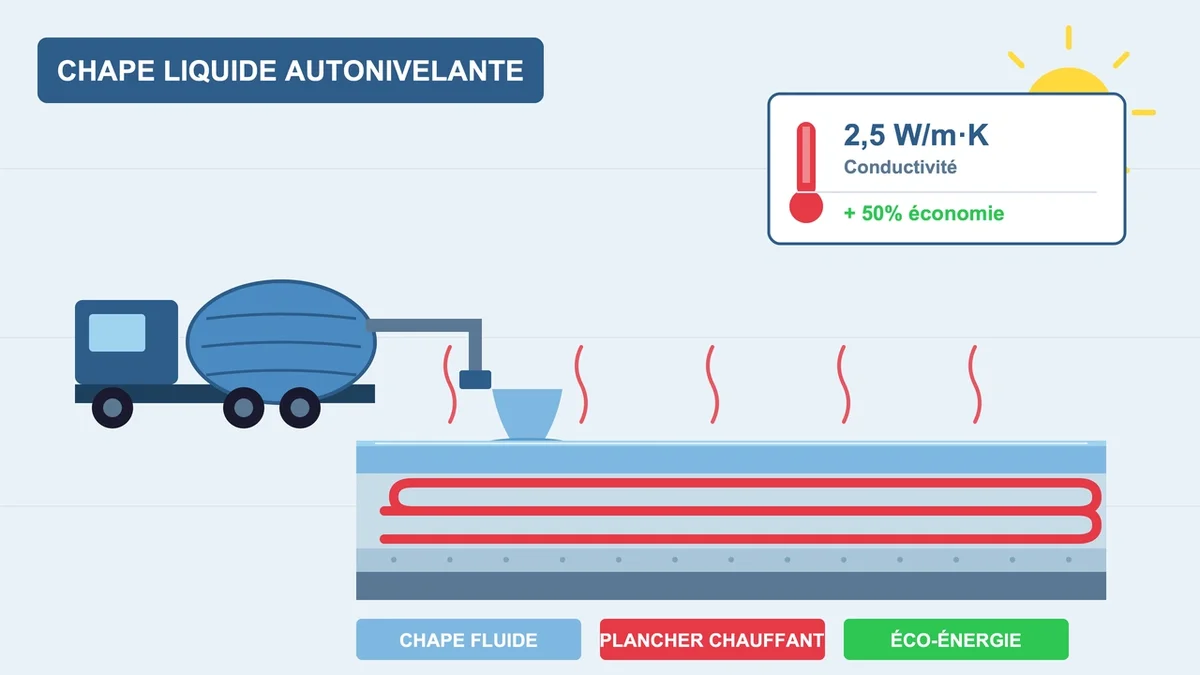 Chape liquide appliquée sur un sol, montrant son utilisation pour des planchers chauffants