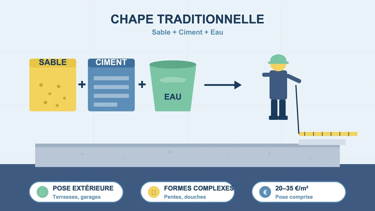 Chape traditionnelle en cours de pose manuelle sur une surface extérieure avec outils de maçonnerie