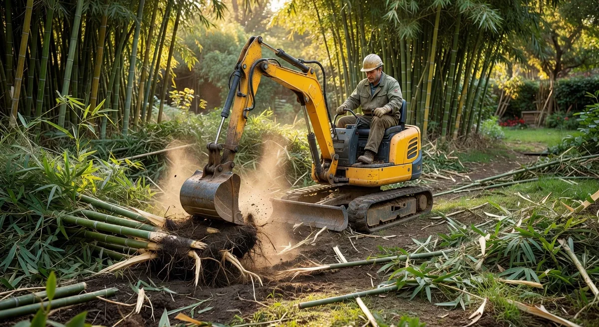 Paysagiste utilisant une mini-pelle pour enlever des bambous envahissants dans un jardin encombré