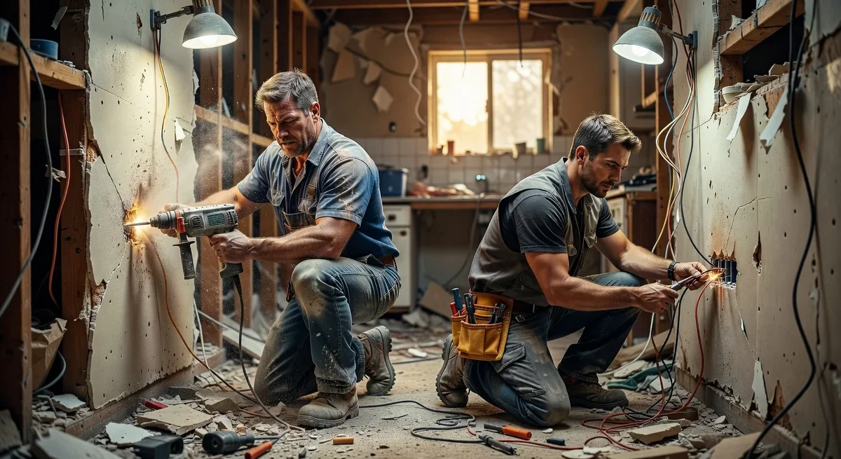 Plombier et électricien collaborant dans une cuisine en rénovation avec outils et matériels de chantier