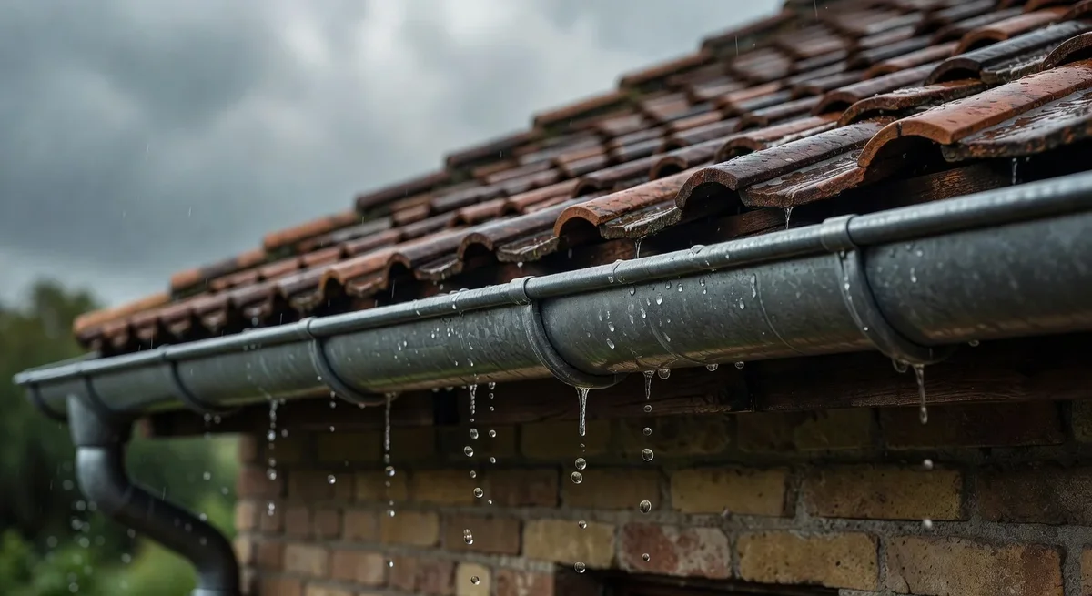 Gouttière en zinc sur une maison avec une patine grise et des gouttes de pluie illustrant sa protection contre l'humi...