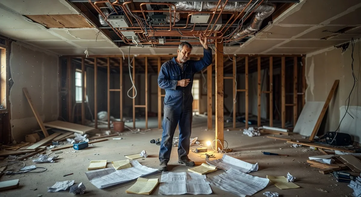 Technicien inspectant un plafond chauffant avec des devis et notes sur une maison en rénovation