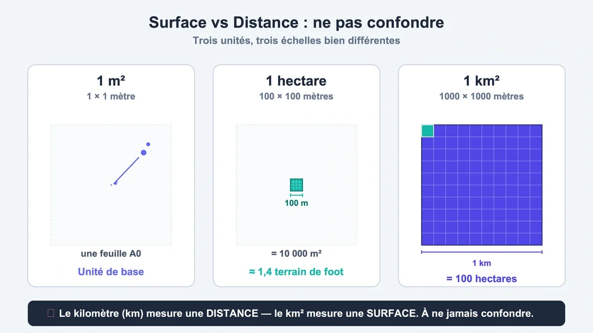 Schéma comparatif illustrant hectare et kilomètre avec pictogrammes de superficie