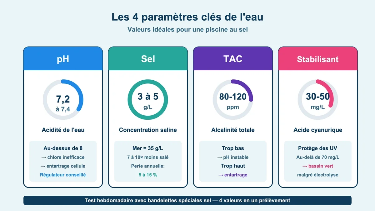 Schéma représentant les valeurs idéales du pH, taux de sel, alcalinité et stabilisant pour piscine au sel