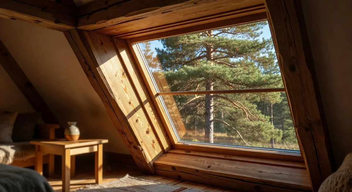 Velux en bois GGL dans une maison traditionnelle avec vue sur un pin et un intérieur chaleureux