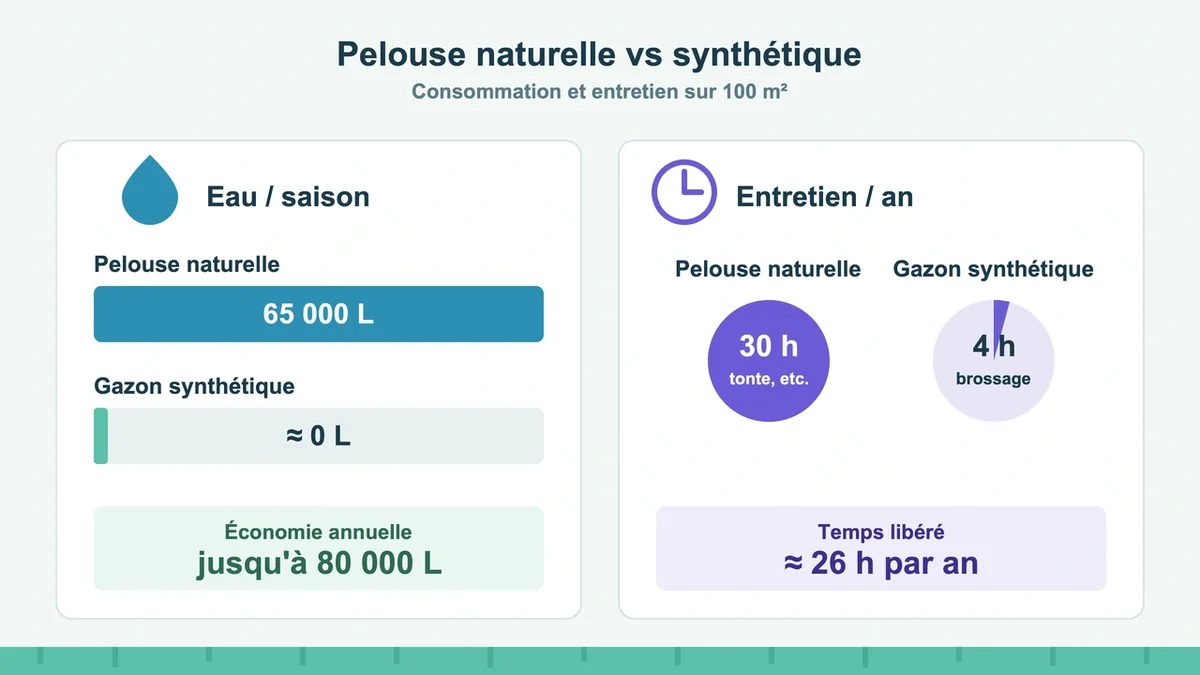 Graphiques comparant la consommation d'eau et le temps d'entretien entre pelouse naturelle et pelouse artificielle
