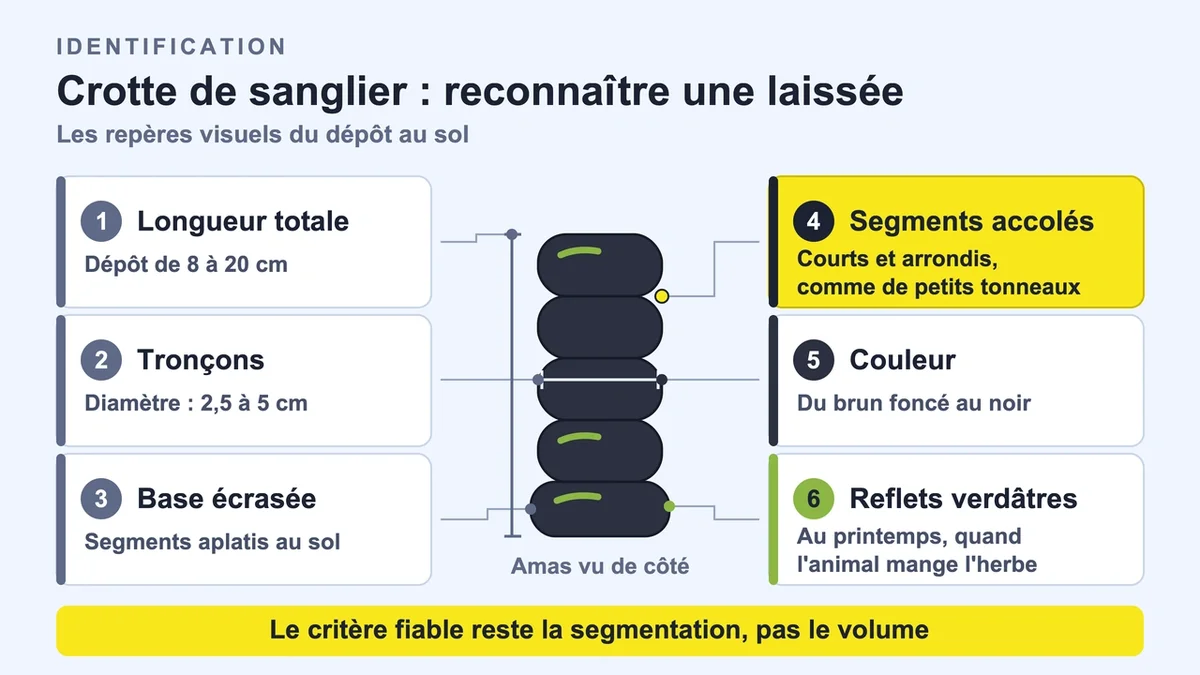 Schéma illustrant les caractéristiques d'une crotte de sanglier avec couleurs et formes détaillées