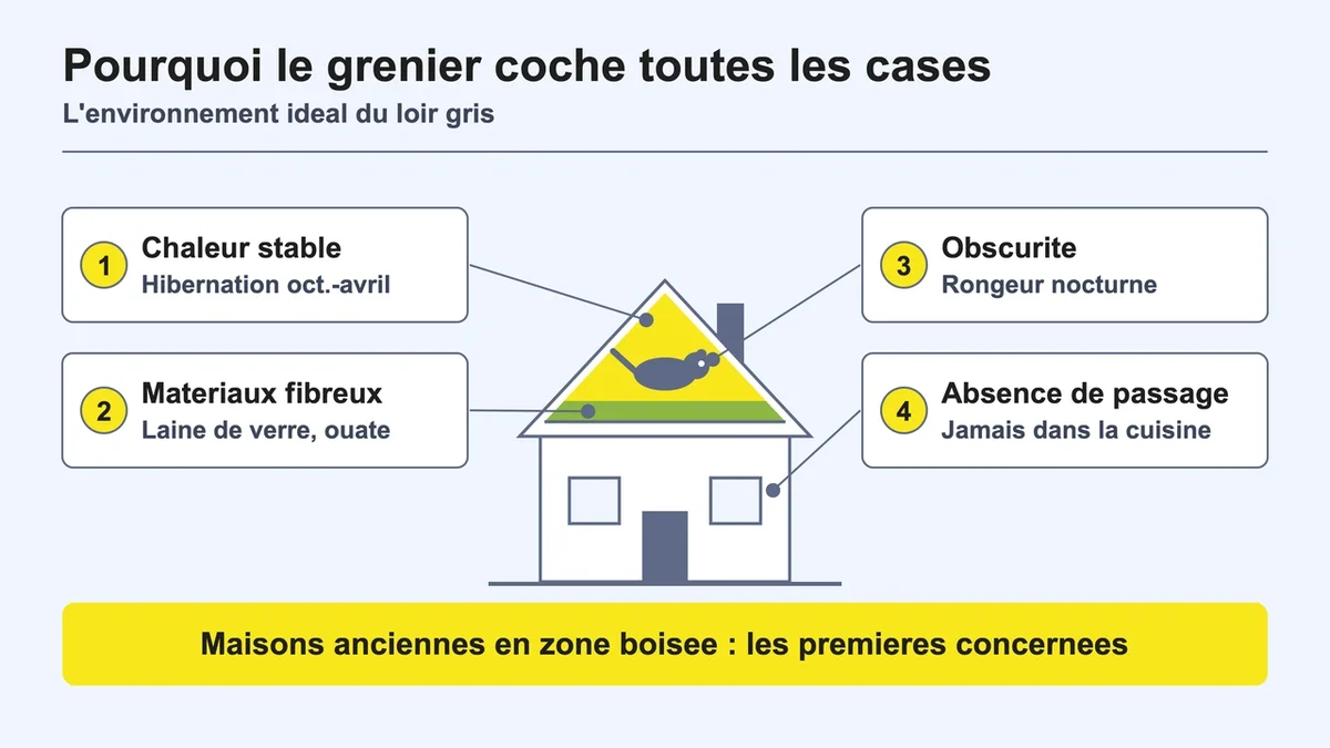Grenier d'une maison ancienne en zone boisée, habitat naturel du loir gris